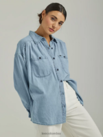 Lee mujer camisa frontier fruncida con botones medios azules ropa Z6H6F395 - Image 4