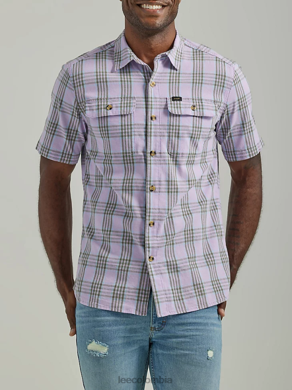 Lee hombres Camisa con botones a cuadros de línea fina y manga corta multiusos de movimiento extremo cuadros de orquídeas ropa Z6H6F906