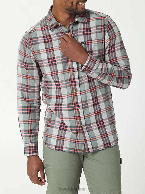 Lee hombres camisa clásica elástica con botones para todo uso cuadros de humo blanco verde fuerte ropa Z6H6F949