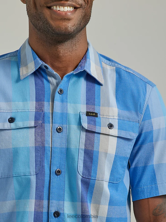 Lee hombres camisa con botones a cuadros de manga corta multiusos de movimiento extremo preparar cuadros azules ropa Z6H6F901