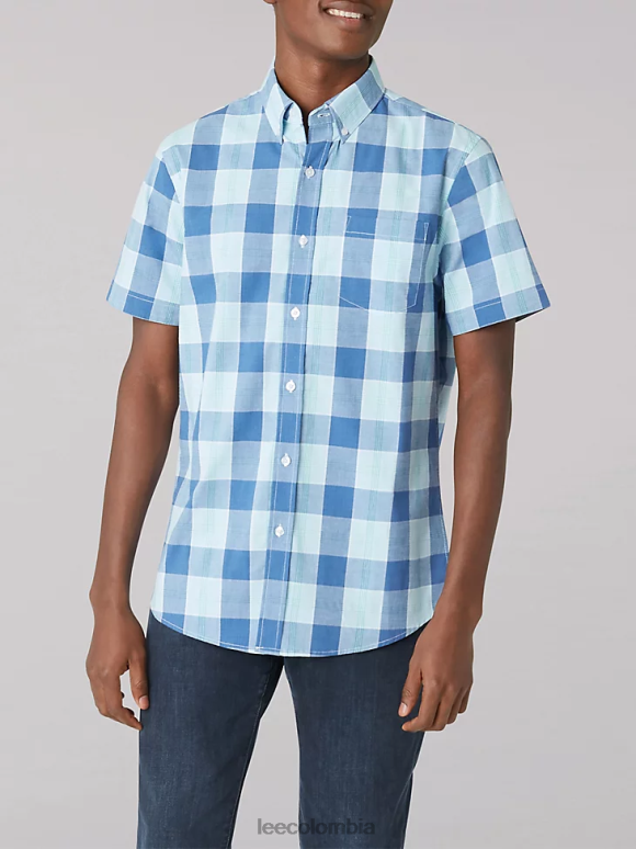 Lee hombres camisa de manga corta de popelina color melocotón a cuadros de búfalo sueño azul ropa Z6H6F904