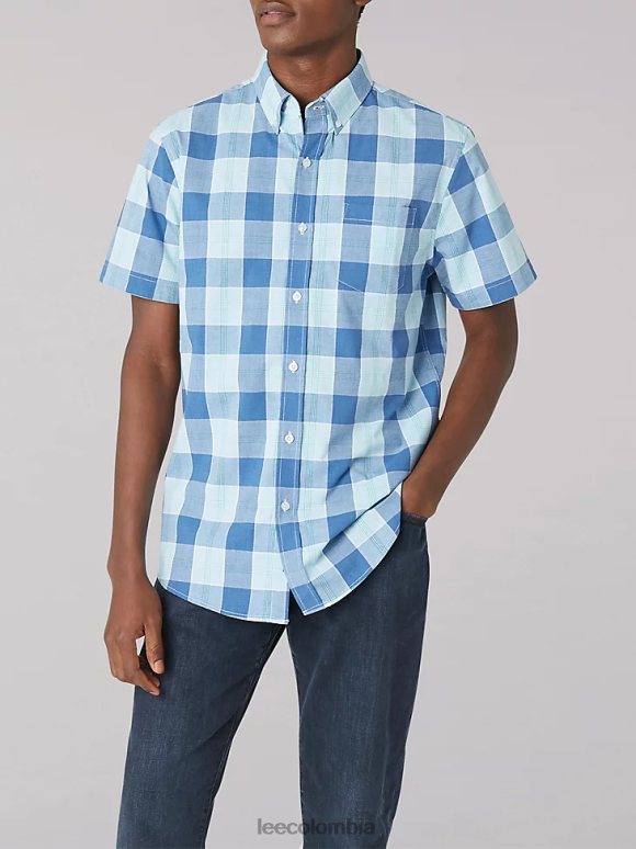 Lee hombres camisa de manga corta de popelina color melocotón a cuadros de búfalo sueño azul ropa Z6H6F904