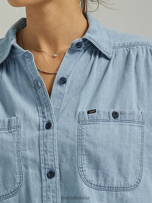 Lee mujer camisa frontier fruncida con botones medios azules ropa Z6H6F395