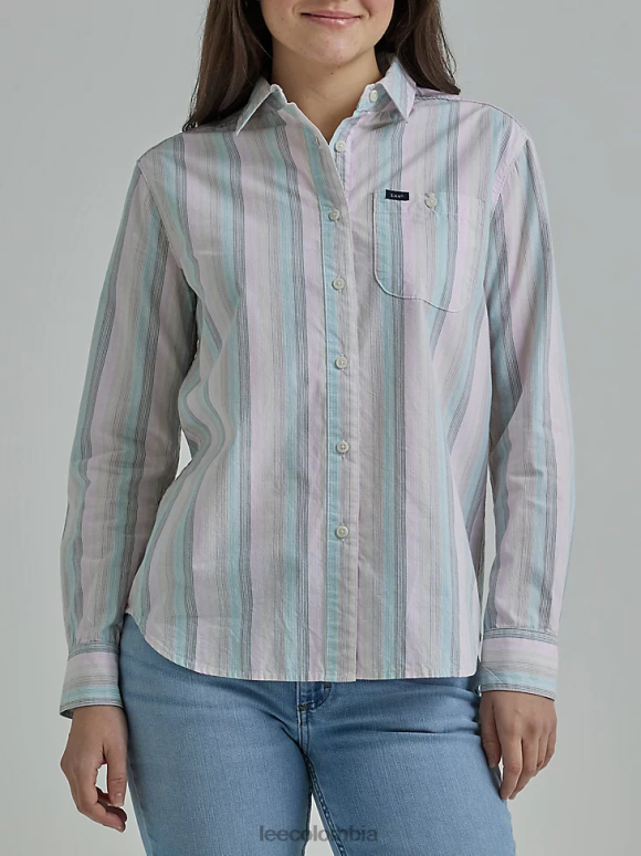 Lee mujer legendaria camisa multiusos a rayas con botones raya verde fuerte ropa Z6H6F400